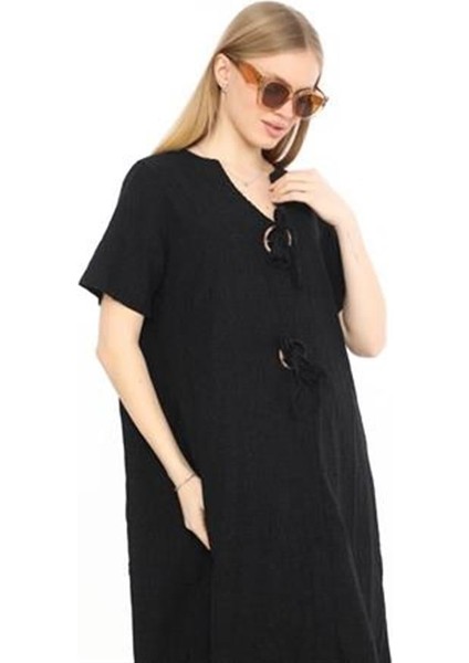 Bohem Yarım Kollu V Yaka Düğme Detay Keten Elbise fiyatları