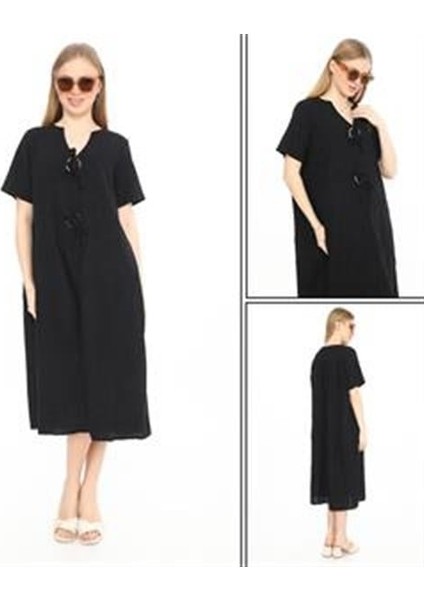 Bohem Yarım Kollu V Yaka Düğme Detay Keten Elbise modelleri