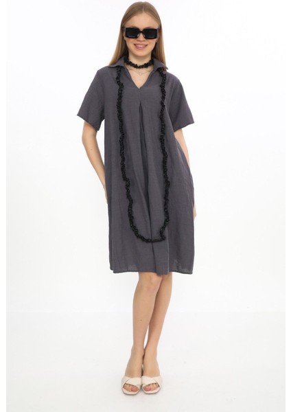 Yarım Kol V Yaka Keten Elbise