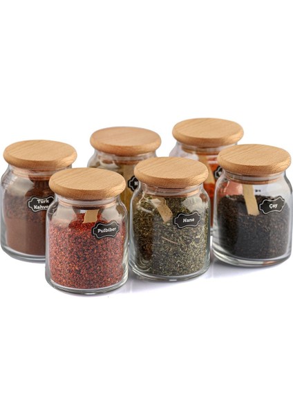 6'lı Bambu Baharatlık Takımı, Kapaklı, Kaşıklı, 300 ml, Şık ve Kullanışlı Set