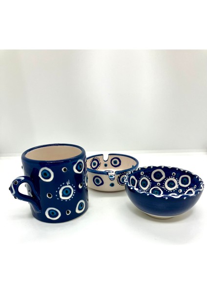 Duble Türk Kahvesi Fincanı Lokumluk Küllük Mavi Nazar Boncuklu 3’lü Sunum Seti