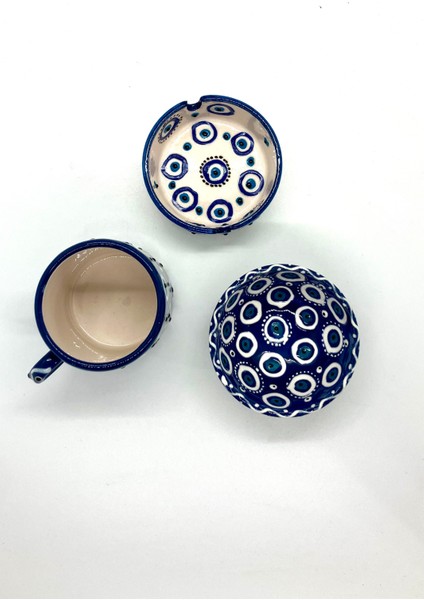 Duble Türk Kahvesi Fincanı Lokumluk Küllük Mavi Nazar Boncuklu 3’lü Sunum Seti fiyatları