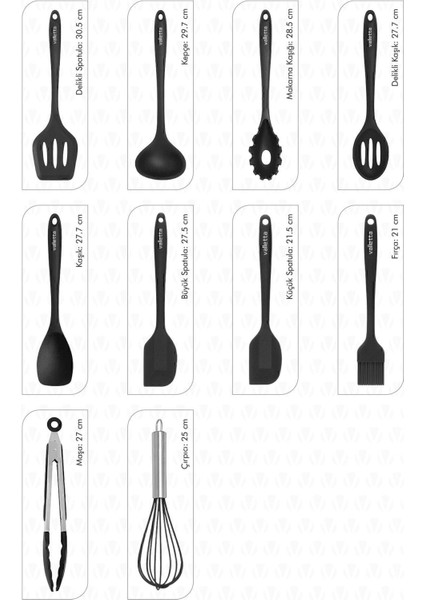 Silikon Spatula Seti, 10 Parça, BPA Free, Siyah, Dayanıklı ve Kullanışlı