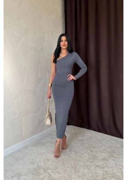 my Gri Büzgü Detaylı Tek Omuz Elbise