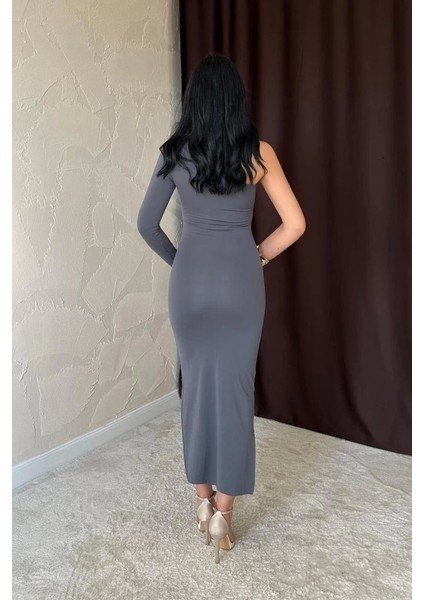 my Gri Büzgü Detaylı Tek Omuz Elbise