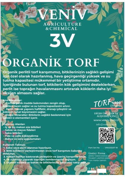 3V Organik Torf – Bitkileriniz İçin Doğal ve Verimli Toprak 2L-5L-15L