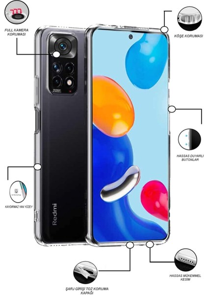 (Tıpalı Şeffaf) Redmi Note 11S Kamera Koruyuculu Şarj Yeri Tıpalı Yumuşak Şeffaf Silikon Kılıf fiyatları