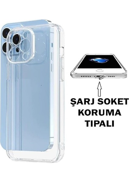 (Tıpalı Şeffaf) Iphone 13 Pro Kamera Koruyuculu Şarj Yeri Tıpalı Yumuşak Şeffaf Silikon Kılıf