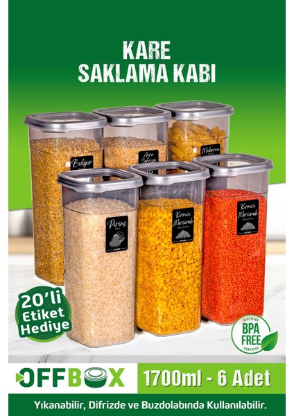 6 Adet 12 Parça 1,7 Litre Jumbo Boy Kare Erzak Saklama Kabı Seti 20 Etiket Hediyeli