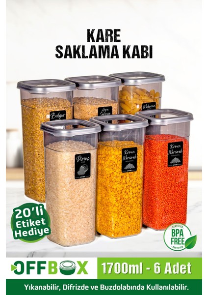 6 Adet 12 Parça 1,7 Litre Jumbo Boy Kare Erzak Saklama Kabı Seti 20 Etiket Hediyeli