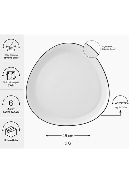 Sky Siyah Rimli Cam 6 Kişilik Pasta Tatlı Takımı 18 cm