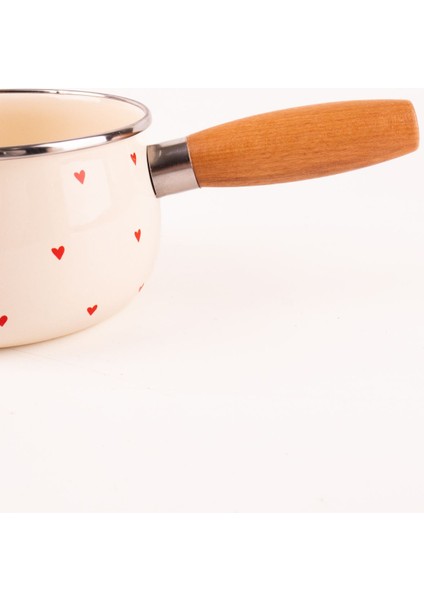 Cupid Ahşap Saplı Kalp Desenli Emaye Sos Tavası 16CM 1,3 Litre (Indüksiyon Dahil Tüm Ocaklara Uygun modelleri