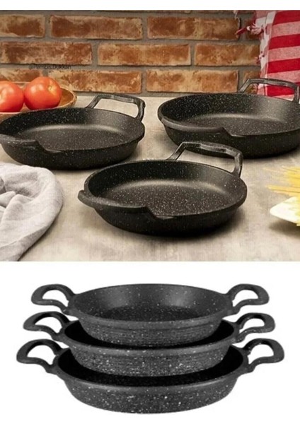 Siyah 3'lü granit ve paslanmaz çelik sahan seti, yapışmaz taban, sac tava, dayanıklı dış yüzey