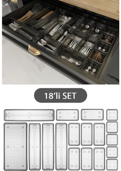 18'li modüler Set Kaşıklık Çekmece Içi Düzenleyici Çatal Kaşık Bıçak Düzenleme Organizeri Antrasit