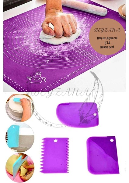 Silikon hamur açma matı ve 3'lü hamur kesici set, pratik ve kullanışlı ürün.