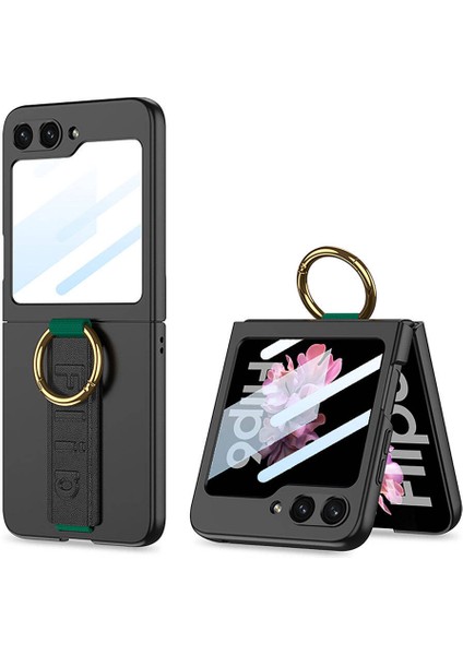 Galaxy Z Flip 6 Kılıf Kamera Korumalı Yüzüklü Flip Ring Kıpta Kapak-Siyah