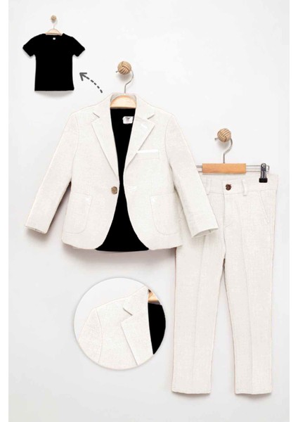 Blazer Ceket, Pantolon ve Tişört 3'lü Erkek Çocuk Takım Elbisesi - Krem
