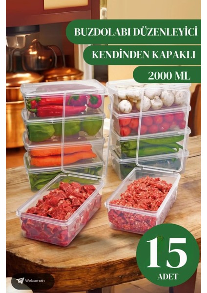 15 Adet 2 Lt. Kendinden Kapaklı Derin Dondurucuya Uygun Buzluk Saklama Kabı Düzenleyici (2000 Ml)