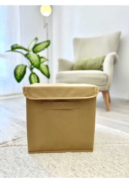 Bej Kapaklı Dolap Içi Çamaşır Oyuncak Düzenleyici Katlanır Saklama Kutusu 30 x 30 x 30 cm