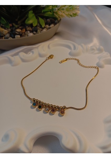 Renkli Taş Detaylı Çelik Halhal