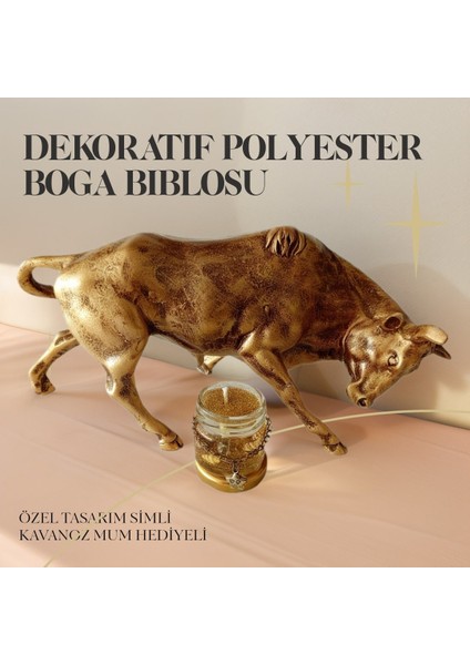 Dekoratif Polyesterden Mamülsimli Kavanoz Mum Hediyeli Altın Renkli Boğa Biblosu