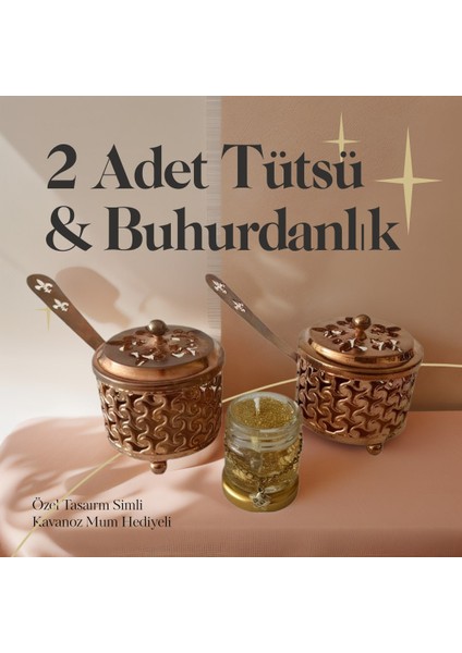 Bronz Renk 2 Adet Şık Tasarımlı Metal Tütsü & Buhurdanlık Seti (Simli Mum Hediyeli) Mod5