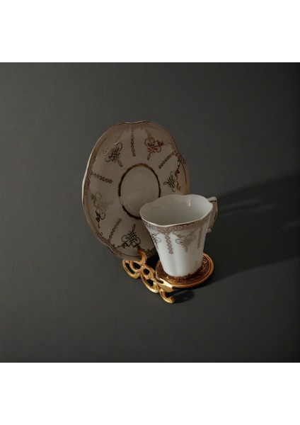 Dekoratif Osmanlı Tarzı 6 'lı Antika Görünümlü Pirinç Kahve Fincanı ve Tabağı Standı Seti indirimleri