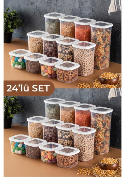 Foly Etiketli Kare Erzak Saklama Kabı 24'lü Set 8x(0,55 Litre, 1,2 Litre, 1,75 Litre) Beyaz