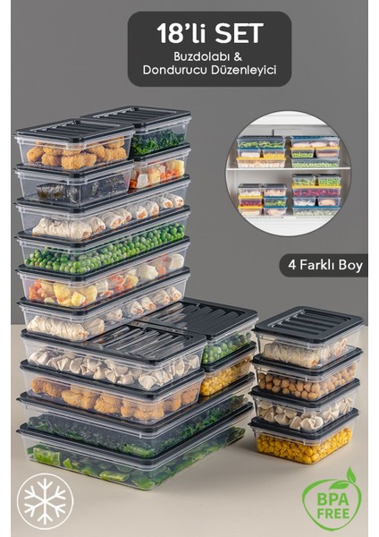 18 Parça Saklama Kabı , Mikrodalga Uyumlu Saklama Kabı 2X2400ML 4X1200ML 4X1170ML 8X600ML Antrasit