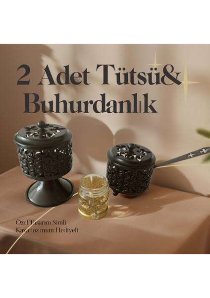 Siyah Renk 2 Adet Şık Tasarımlı Metal Tütsü & Buhurdanlık Seti (Simli Mum Hediyeli) Mod7