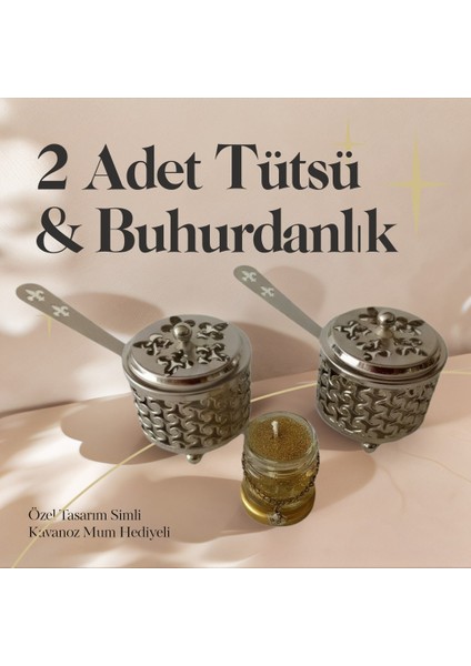 Gümüş Renk2 Adet Şık Tasarımlı Metal Tütsü & Buhurdanlık Seti (Simli Mum Hediyeli) Mod6
