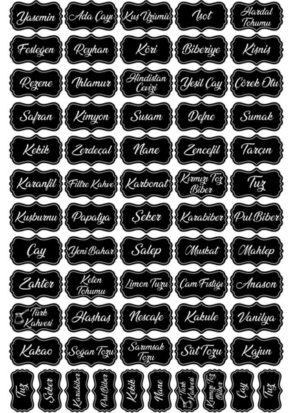 Siyah 107 Adet Baharat Bakliyat Kuruyemiş Kavanoz Sticker Etiketi, 10'lu set