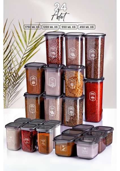 24'lü Etiketli Modernity Kare Erzak Saklama Kabı Seti (1750ML X6 - 1200ML X6 - 555ML X6 - 400 X6 )