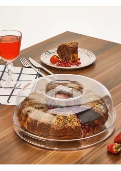 Şeffaf Kek Sunum Fanusu, 25 cm, dayanıklı plastik, turuncu renk, şık ve kullanışlı