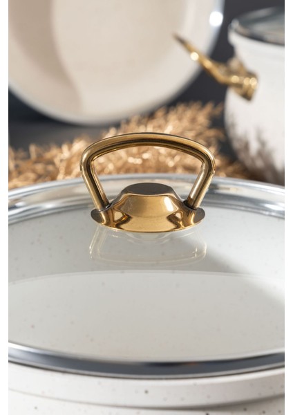 7 Parça Beyaz Granit Tencere Seti, Yapışmaz Taban, Gold Kulp, 24 cm