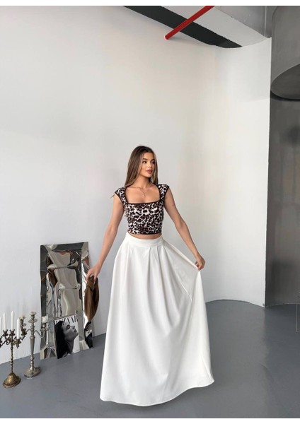 Butik Leopar Desenli Kare Yaka Crop
