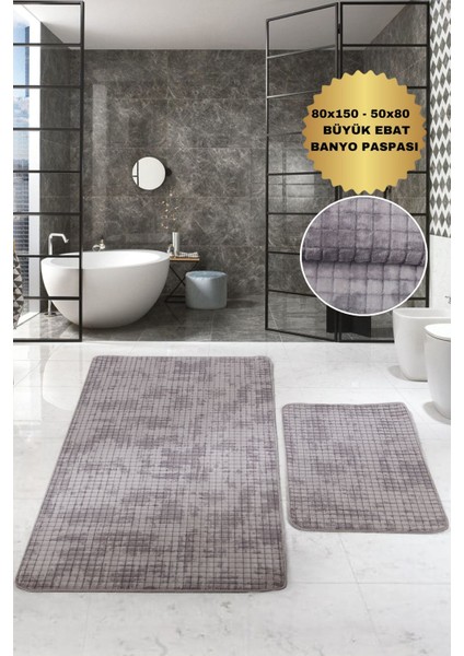 Kare Plus Gri Büyük Ebat (80 x 150 + 50 x 80 cm ) 2'li Banyo Paspası Yıkanabilir Klozet Takımı