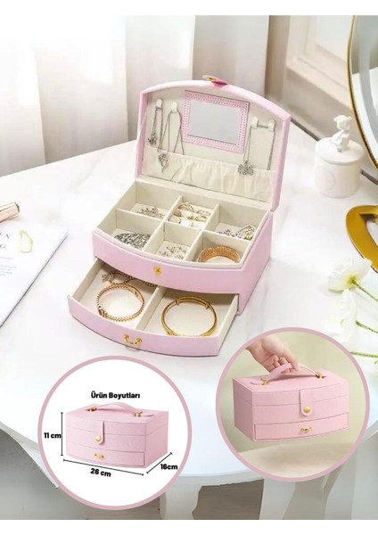 Kumaş Mücevher Takı Kutusu Organizer Bijuteri Saklama Çekmeceli Düzenleyici 1 26 X 15 cm Pembe Müce