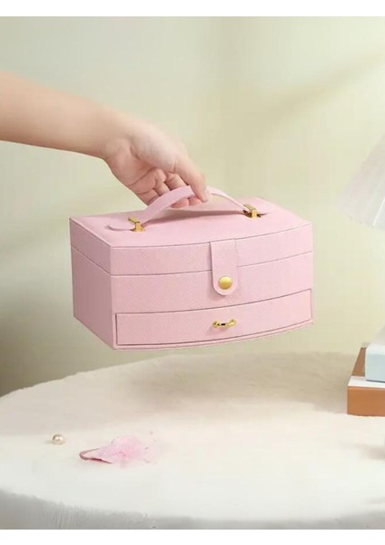 Kumaş Mücevher Takı Kutusu Organizer Bijuteri Saklama Çekmeceli Düzenleyici 1 26 X 15 cm Pembe Müce