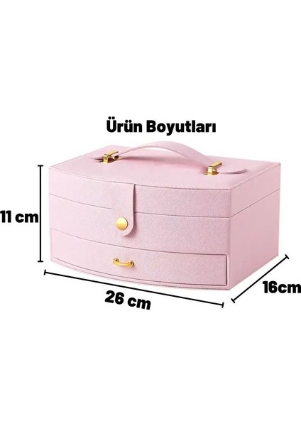 Kumaş Mücevher Takı Kutusu Organizer Bijuteri Saklama Çekmeceli Düzenleyici 1 26 X 15 cm Pembe Müce