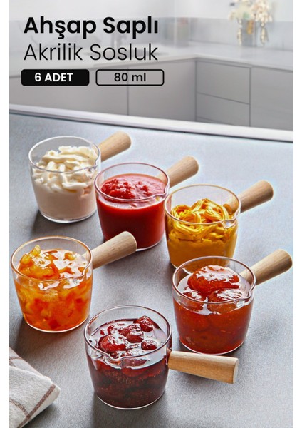 6 Lı Ahşap Saplı Mıka Reçellik Sosluk Sofra Sunum Kahvaltı Seti - 80 ml