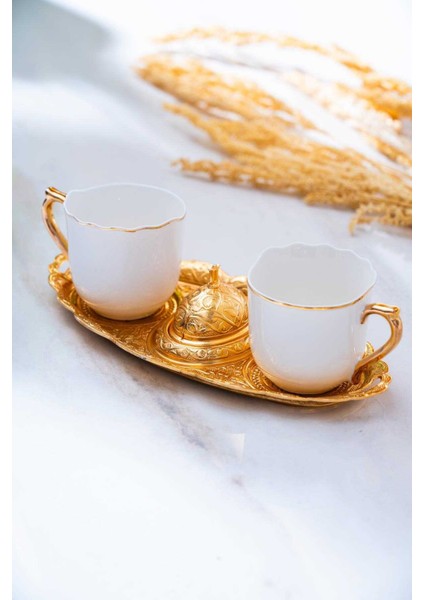12406 Ayla 2 Kişilik Gold Tepsili Sunum Kahve Fincanı Takımı 90 ml