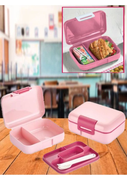 Pembe Katlı Bölmeli Kilitli Beslenme Kutusu ve Kaşık Seti Çerez Ekmek Saklama Kabı Okul
