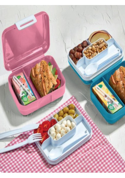 Pembe Katlı Bölmeli Kilitli Beslenme Kutusu ve Kaşık Seti Çerez Ekmek Saklama Kabı Okul