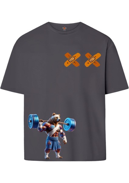 Warrior Bear Çift Iplik Dokumalı Rahat Kalıp PAMUK T-Shirt