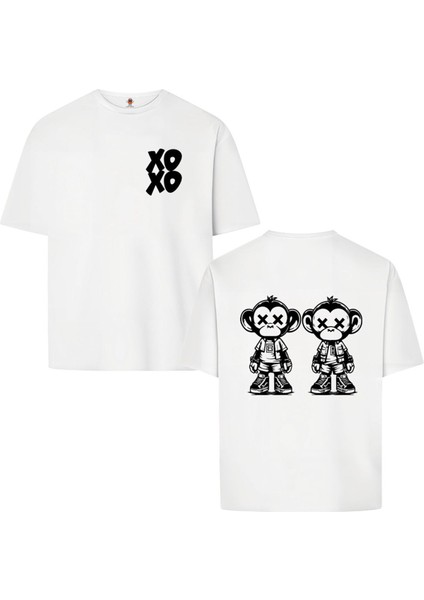 Xoxo Ikili Maymun Çift Iplik Dokumalı Rahat Kalıp PAMUK T-Shirt