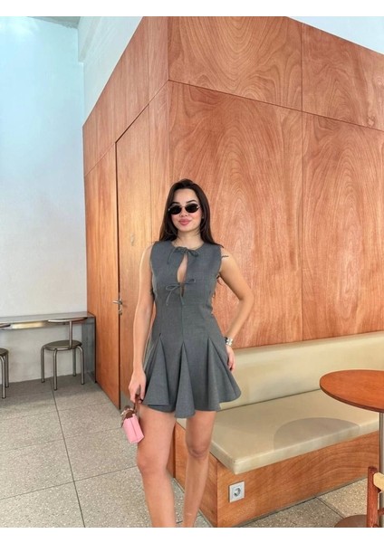 Bağcık Detaylı Kolsuz Mini Elbise - Antrasit