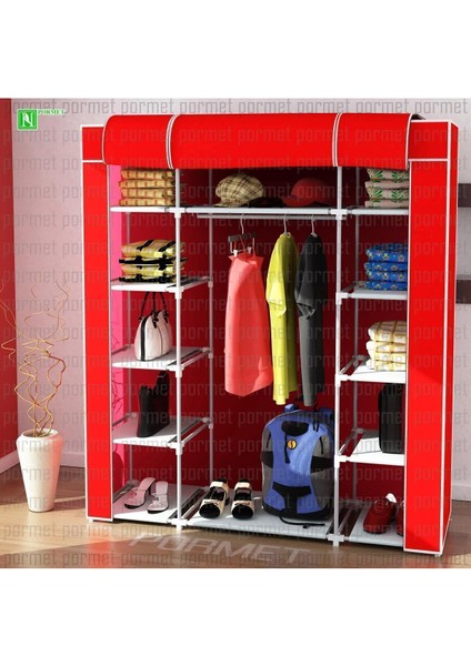 Kırmızı Renk Bez Dolap Kumaş Katlanır Gardrop 160X45X130 cm