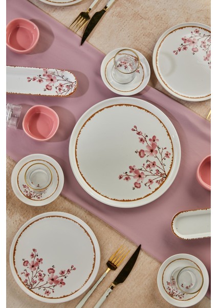 Lüx Seramik Handmade 6 Kişilik 21 Parça Sakura Çiçeği Kahvaltı Takımı, Seti