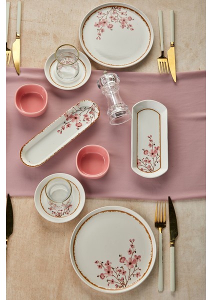 Lüx Seramik Handmade 6 Kişilik 21 Parça Sakura Çiçeği Kahvaltı Takımı, Seti